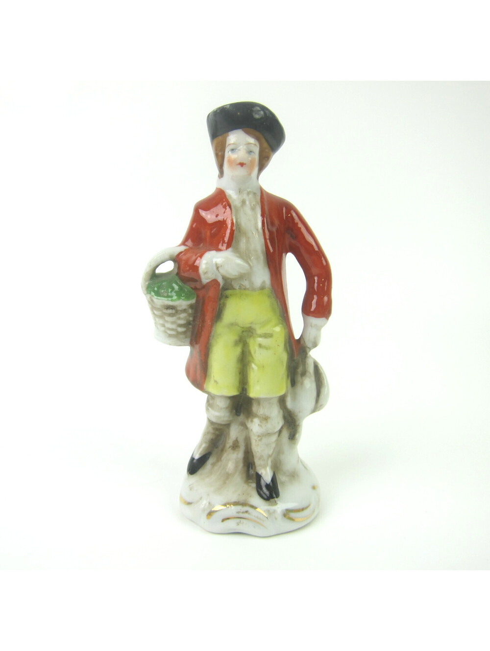 Vintage Colonial Man Porcelain Figurine 5.5" Red Coat Hold Basket Occupied Japan